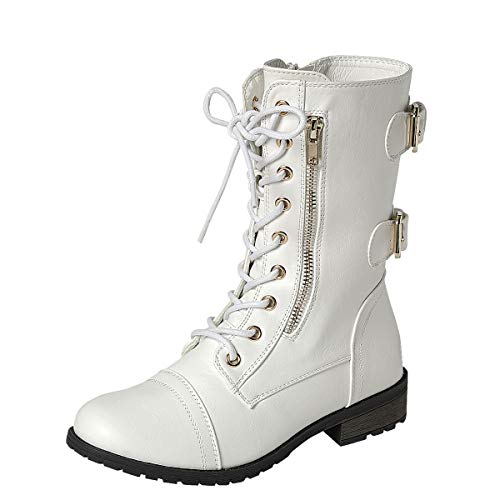 Forever Link Women's Military Stlye Boots,White Pu,8