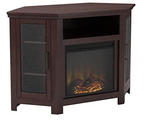 image for Walker Edison Alcott Classic Glass Door Fireplace Corner TV Stand for 