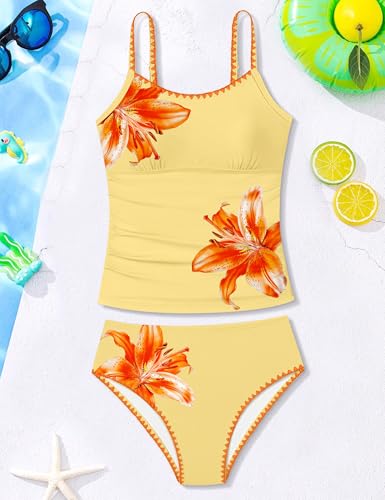 Image of Girls Swimsuit Solid Color Tankini Contrast Trim Swimwear 2 Piece Bathing Suit Padded Swimsuits for Teens 9-16Y