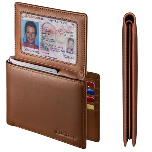 Image of RUNBOX Wallet for Men Leather RFID Blocking Bifold Front Pocket Wallet | Genuine Leather,Slim,12 Card Slots,2 ID Windows,2 Money Pockets, Gift for Men,Compact Travel Business Passport