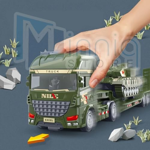 Image of Excavator and Military Tank, Manual Push Power Large Transport Trailer Vehicles Truck Toys Alloy Diecast Truck Set Toy Best Birthday Gift for Kids (Excavator & Tank Truck Set)