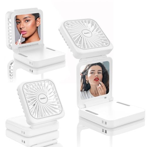 EasyAcc Ventilatore da Tavolo a Batteria 5000mAh con Cordino, 32 Ore Ventilatore Portatile con Specchio per Trucco, 5 Velocità Ventilatore da Collo Ricaricabile, Powerbank con Supporto per Telefono
