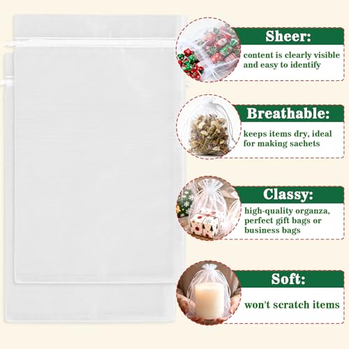 Image of Sukh White Organza Bags 8 inchx12 inch - 100pcs Large Sheer Mesh Drawstring Bag for Jewelry, Soap, Fruits, Candy, Small Gift Bag for Weddings, Valentine's Day, Mother's Day, Halloween, Thanksgiving, Christmas