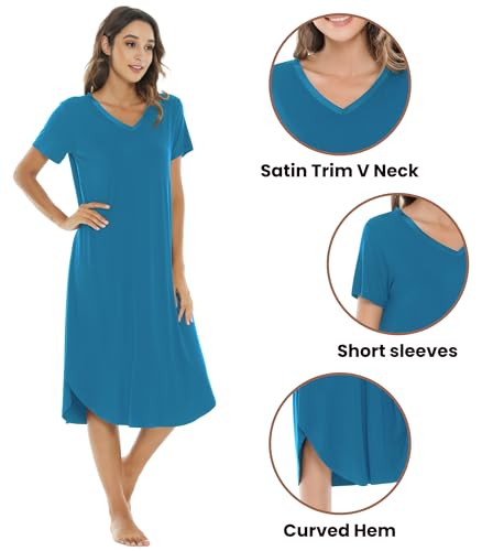 Image of NACHILA Nightgowns for Women-Viscose Made from Bamboo, V Neck Sleepshirts Short Sleeve Sleepwear Cool Nightshirt