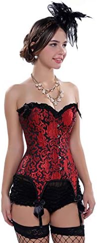 HNGHOU Women's Sexy Corset Bustier Push up Overbust Corset Top with Garter Belt (Red,Large) — view 4