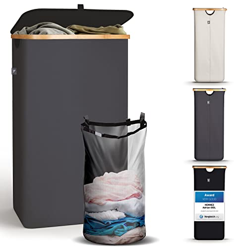 Hennez Laundry Basket With Lid - 100L Large Bamboo Hamper Removable Bag Grey Bin Tall Dirty Clothes For Bathroom, Bedroom #TOP4