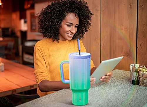 Meoky 40oz Tumbler with Handle, Leak-proof Lid and Straw, Insulated Coffee Mug Stainless Steel Travel Mug, Keeps Cold for 34 Hours or Hot for 10 Hours (Green Purple)
