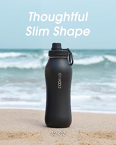 Coolflask Insulated Water Bottle 32 Oz, Water Bottle With Straw And Strap, Metal Stainless Steel Water Flask Double Wall Vacuum Cold For 48 Hrs Hot For 24 Hrs, Ebony #TOP1