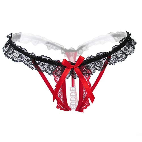 Lyeacs Women‘s Sexy Panties,Lace Thongs G-String with Pearls Ball (red, 1)