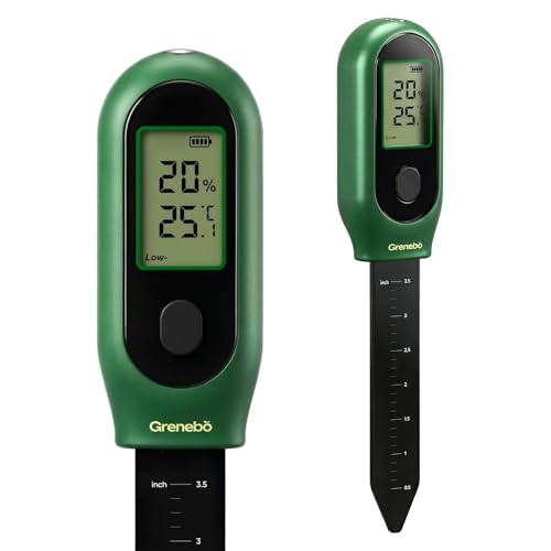 Grenebo 3-in-1 Soil Moisture Meter Digital Plant Water Meter Temperature & Sunlight Intensity Sensor LCD Display Soil Tester for Gardening Farming Plant Care Indoor & Outdoor PlantsGreen
