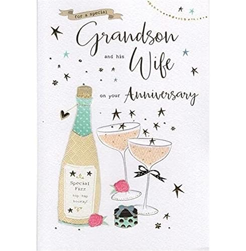 ICG Grandson & Wife Anniversary Card - Champagne, Present & Pink Roses 9" x 6"