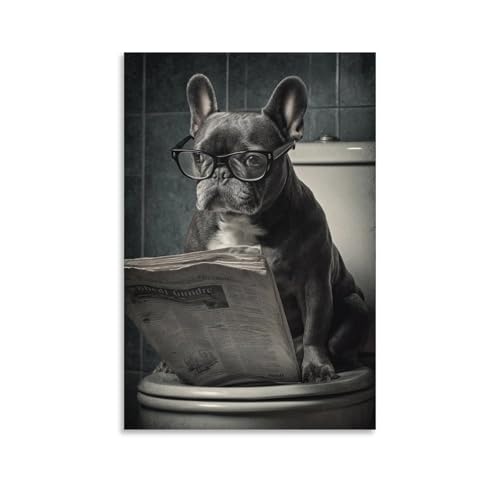 Quadro Per Parete, Animale Domestico Stampa D’Arte, Bulldog Francese Con Occhiali Che Legge Giornale In Bagno, Ideale Per Decorazioni Divertenti, Tela Ad Alta Risoluzione, Regalo 08x12inch(20x30cm)
