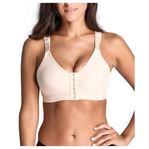 SHAPERX Women's Post-Surgical Front Closure Sports Bra Adjustable Wide Strap Racerback Support Bra, SZ83288-Beige-New-2XL
