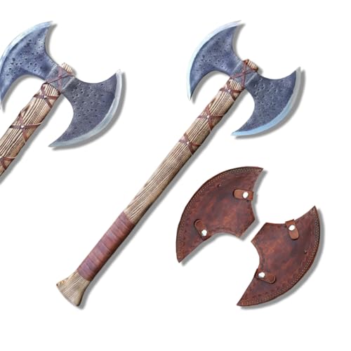 Hand Forged Carbon Steel Medieval Warrior Double Head Axe, Viking Double Sided Axe with Ash Wood Handle and Leather Sheath, Best for Hunting, Camping, and Collection