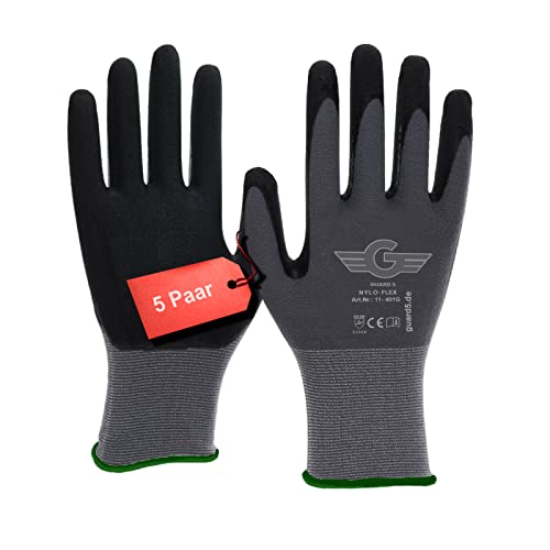 GUARD 5 - Nylonhandschuhe - 5 Paar Gr.8 - Nyloflex Arbeitshandschuhe - Damen & Herren - beschichtete Bauhandschuhe Arbeitshandschuhe Schutzhandschuhe Montagehandschuhe | EN 388