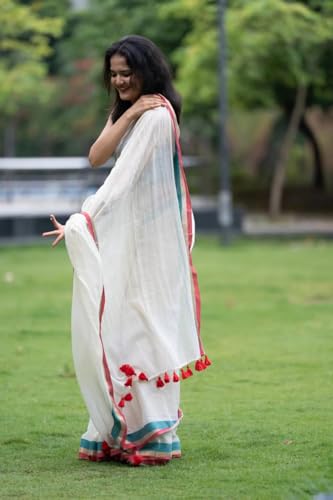 Image of Sudip callection Handloom Mul Cotton Saree for Women - Bottle Green with Pink Border Golden Zari Line & Tassel Pallu