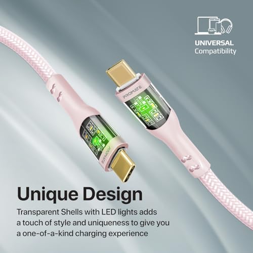 Image of Promate USB-C to USB-C Cable, Premium 60W Power Delivery Type-C Cable with Transparent Shells, 480Mbps Data Sync and 120cm Nylon Braided Cord for Galaxy S22, iPad Air, TransLine-CC-Pink