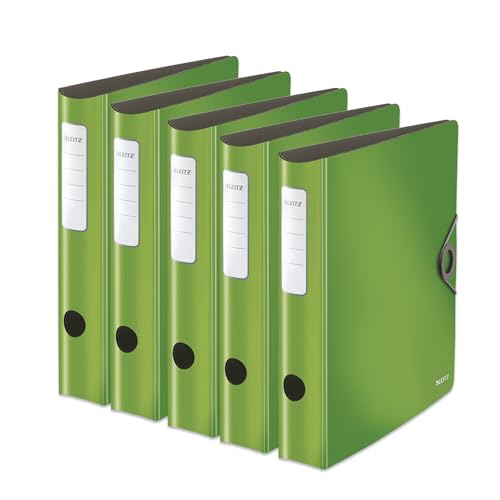 Leitz Qualitäts-Ordner 180° Active Solid, 5er Pack, A4, Schmal, Abgerundeter Rücken, 6,5 cm breit, Gummibandverschluss, Leichtes Polyfoam, Plastik-Ordner, Hellgrün, 10481050