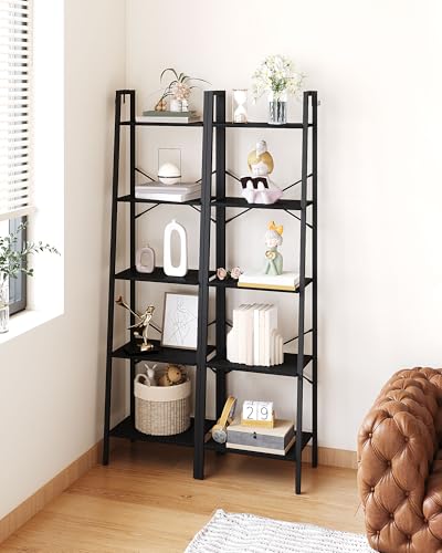 Image of Hzuaneri 5-Tier Ladder Shelf, Bookshelf Bookcase, Freestanding Corner Storage Shelve with 2 Hooks for Home Office, Living Room, Kitchen, Bedroom, Industrial, Black BC19204B