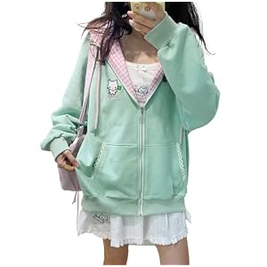 OATSBAS Women’s Y2K Cute Floral Hoodies Kawaii Zip Up Hoodies Cartoon Cat Embroidery Oversized Pullover Sweatshirt