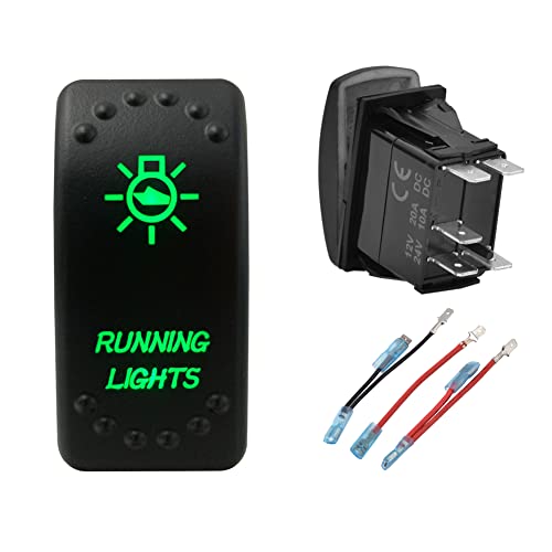 Image of Green Backlit Rocker Switch 5 Pin ON-Off Laser Etched Button Switch with Wires for Car Marine Boat UTV 20A /12V 10A /24V (Running Lights)