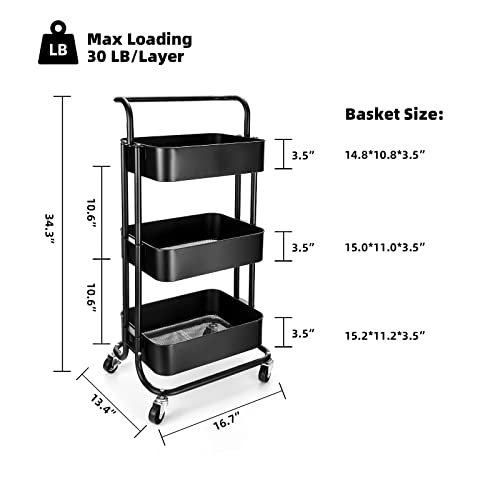 Gseey 3 Tier Rolling Cart,Black Metal Storage Organizer Utility Cart On Lockable Wheels, For Kitchen,Bathroom,Office,Living Room (Black) #TOP5