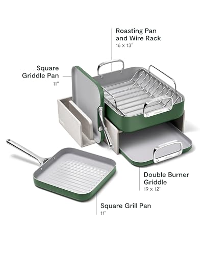 Image of Caraway Square Cookware Set - Square Pans Set - Perfect for Griddling, Toasting, Searing, Roasting, and More - Non-Stick Ceramic Coated Pans - Non Toxic, PTFE & PFOA Free - Sage