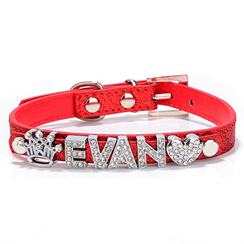 THAIN Personalized Bling Dog Collars with Name,Custom DIY Rhinestone Charm Dog Cat Collar for Small Medium and Large Dogs (L, Red)