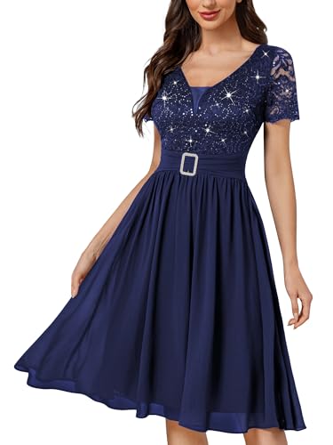 Miusol Women's V-Neck Sparkling Sequin Short Sleeves Empire Waist Cocktail Prom Dress