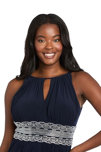 Image of R&M Richards Women's Halter Neck Dress W /Embellished Waistband & Front Slit - Elegant Evening Occasion Maxi Gown