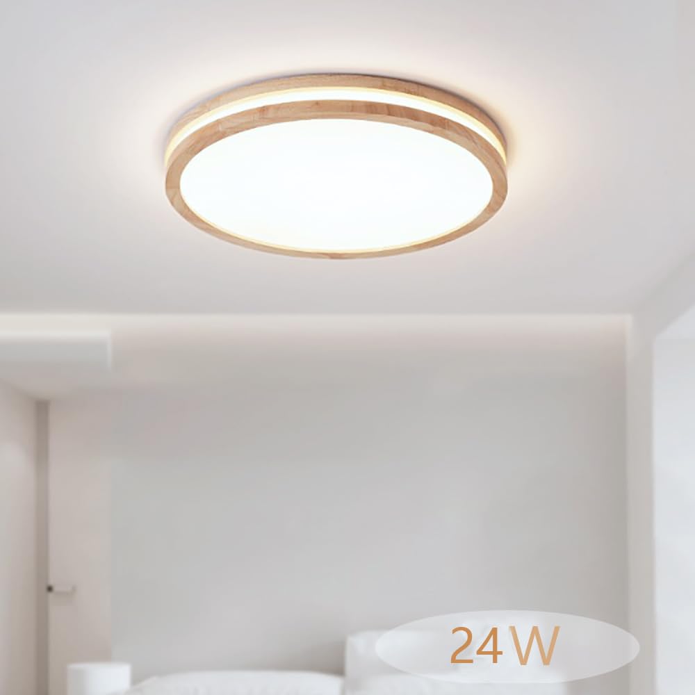 Lámpara de techo LED moderna (24 W, redonda, madera, 4500 K, luz neutra para sala de estar, cocina, pasillo, comedor, dormitorio, diámetro de 30 cm)