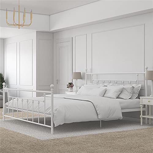Dhp Manila Metal Bed With Round Finial Post Headboard And Footboard, Adjustable Base Height For Underbed Storage, No Box Spring Needed, King, White #TOP1