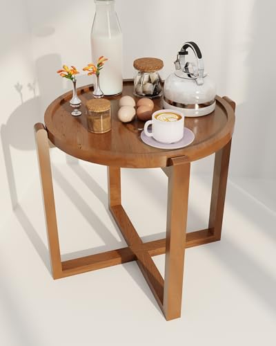 Image of Patio Folding Coffee Table Walnut Finished, Balcony and Garden Table Bistro Side Table, Outdoor Wooden Round Portable End Table Picnic Table for Camping & Dining
