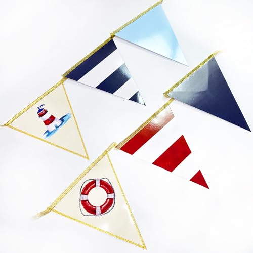 Image of Navy Red Beige Gold Glitter Stamping Paper Pennant Banner Flag Triangle Bunting for Nautical Pirate Ahoy Achor Theme Birthday Baby Shower Wedding Let's Get Nauti Bachelorette Party Decoration Supplies