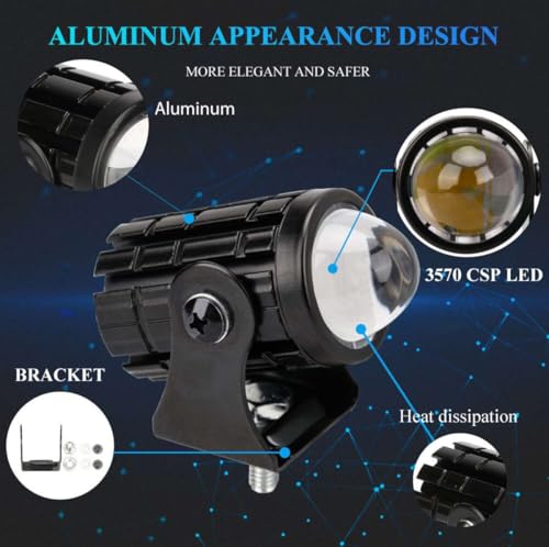 Image of Mini Projector Lens Fog Light Lamp for Motorcycles ? LED Dual Color White & Yellow Lighting (12V, 36W) with On /Off Switch and Battery Powered