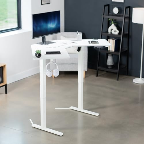 Image of VIVO White 47 x 47 in Corner Standing Desk, DESK-E1L94W | Electric, Holds 154 lbs, L-Shaped Table, Sit Stand, Height Adjustable, Memory Presets, Home Office, White Frame