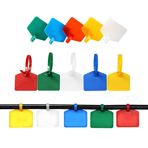 Helonge Cable Zip Tie with Tag,Wire Zip Ties with Label,100 Pcs Plastic Nylon Cable Ties,Multi Color Self-Locking Write on Tie Wraps