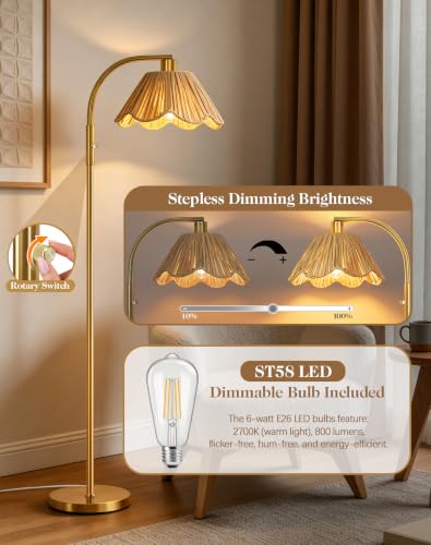 Image of QiMH Gold Floor Lamp for Living Room, Modern Standing Lamp with Raffia Lampshade, Stepless Dimmable Rotary Switch, 63 inch Farmhouse Adjustable Tall Stand up Lamp for Bedroom Home Office Boho Decor