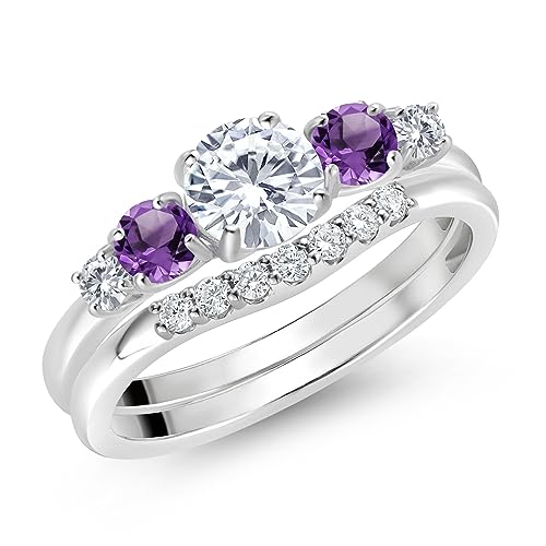 Gem Stone King 10K White Gold White Lab Grown Diamond and Purple Amethyst 5 Stone Bridal Engagement Wedding Ring Set For Women (0.81 Cttw, Round: 5MM and 3MM, Available in Size 5,6,7,8,9)2
