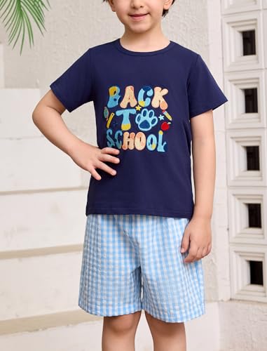 Image of OBEEII Back to School Outfit Toddler Boy Short Sleeve Graphic Shirt Gingham Shorts First Day of School Summer Clothing Set