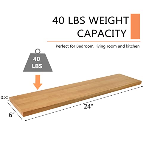 24 Inch Floating Shelves Wall Mounted Set Of 2, Rustic Wall Shelves For Decor, Natural Wood Oak Floating Shelf For Bedroom Bathroom , Easy Assembly, Natural Color, 24*6*0.8 (Not For Drywall)) #TOP2