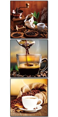 BERLIG Glasbilder Set 3er 30x30 cm Sicherheitsglas – Moderne Wandbilder für Wohnzimmer, Küche & Bad – Sonnenuntergang, Strand, Kaffee & Spa – inkl. Geschenkbox