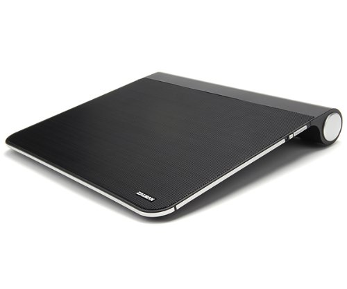 En angle view of the Zalman NC3500 Laptop Cooling Pad, showcasing its sleek black design and ergonomic tilt.