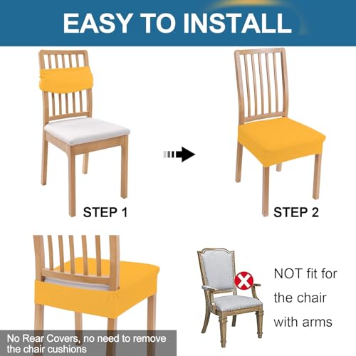 Image of Smiry Waterproof Seat Covers for Dining Room Chairs, No Rear Covers | Stretch Jacquard Removable Washable Chair Seat Slipcovers Protector, Set of 8, Mustard Yellow