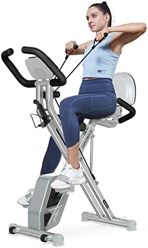 pooboo Folding Exercise Bike, Foldable Fitness Stationary Bike Machine, Upright Indoor Cycling Bike, 4-in-1 Magnetic X-Bike with 8-Level Adjustable Resistance, Bottle Holder, Arm Resistance Bands, Pulse Sensor & Back Support Cushion for Home Gym Workout (gray)
