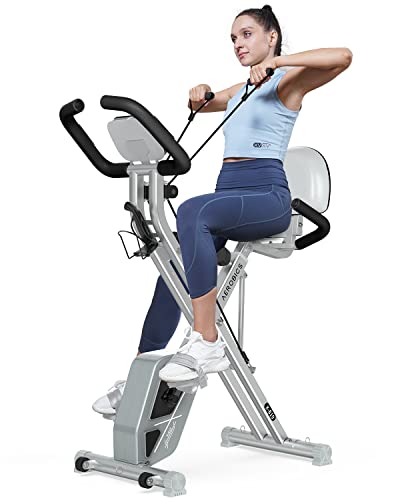 Pooboo Folding Exercise Bike, Foldable Fitness Stationary Bike Machine, Upright Indoor Cycling Bike, 4-In-1 Magnetic X-Bike With 8-Level Adjustable Resistance, Bottle Holder, Arm Resistance Bands, Pulse Sensor & Back Support Cushion For Home Gym Workout (Gray) #TOP15
