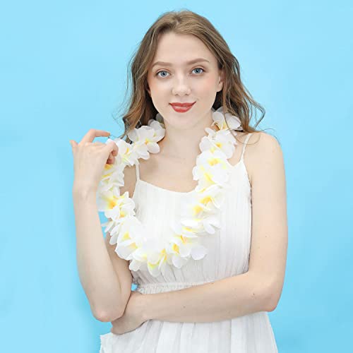 Kosmeey Pack of 16 Hawaiian Leis Necklace Tropical Luau Hawaii Wreaths Silk Flower Lei Thickened Dance Garland Flower Leis for Party Favor Hula Hawaiian Party Supplies (16, White) - Thumbnail 5