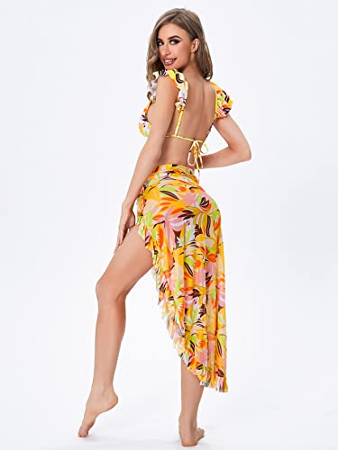 WDIRARA Women's Floral Boho Triangle Ruffle Trim 3 Piece Swimsuits with Sarong Skirt2