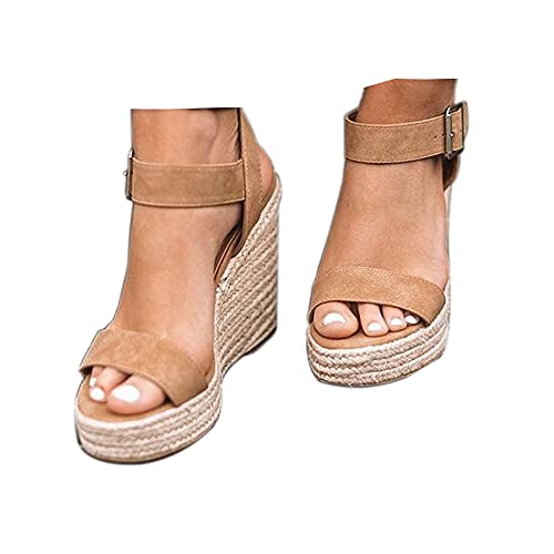 Women'S Wedge Sandals Platform, Ankle Strap Wedge Sandals Open Toe Casual Summer Straw Woven Classic Wedge Sandals