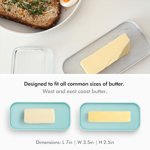 KIVY Glass butter dish with airtight lid that keeps butter soft - For countertop and refrigerator door shelf - Dishwasher safe teal butter dish for refrigerator